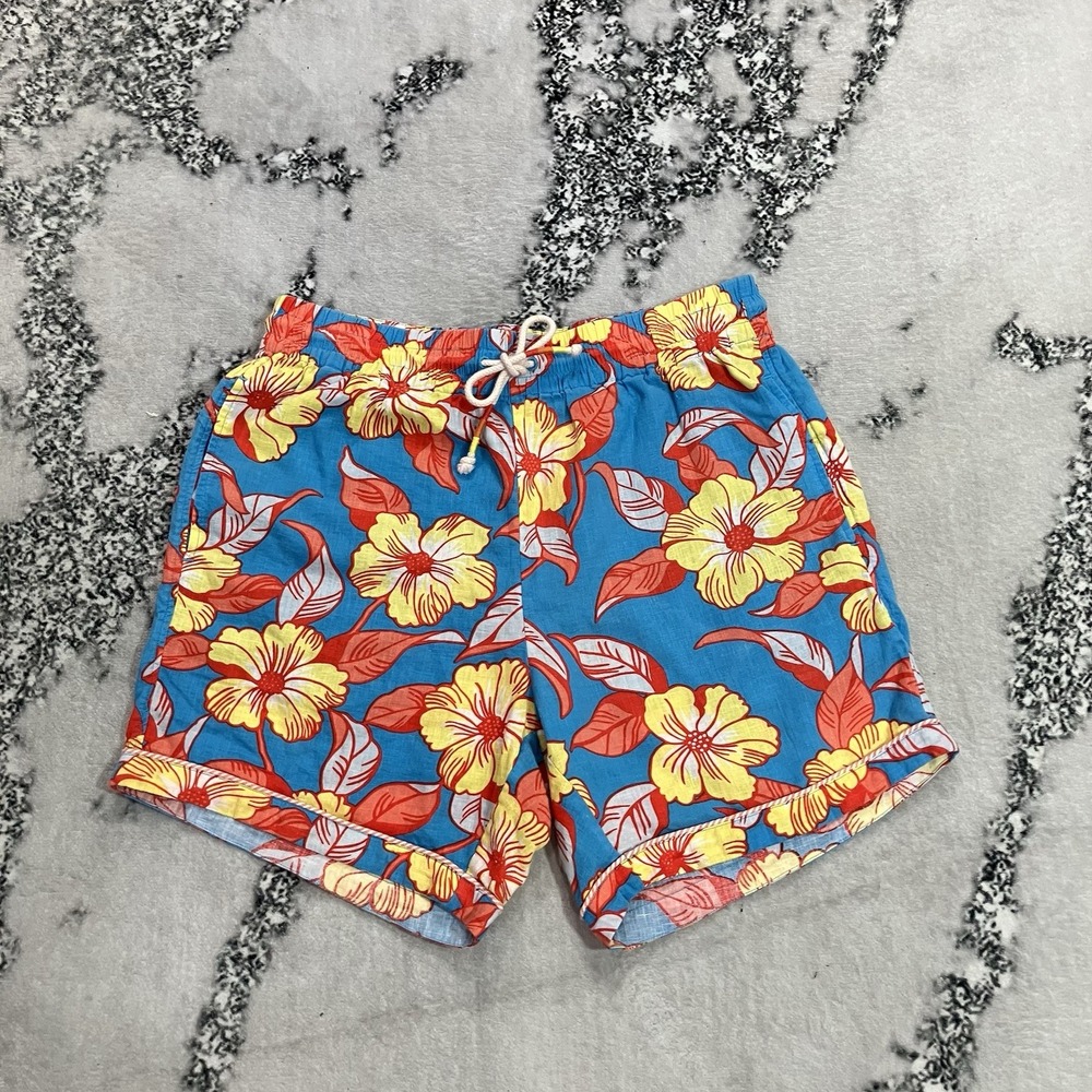 Faherty Linen Blend Floral Pull On Shorts Size 2 Blue Tropical Drawstring